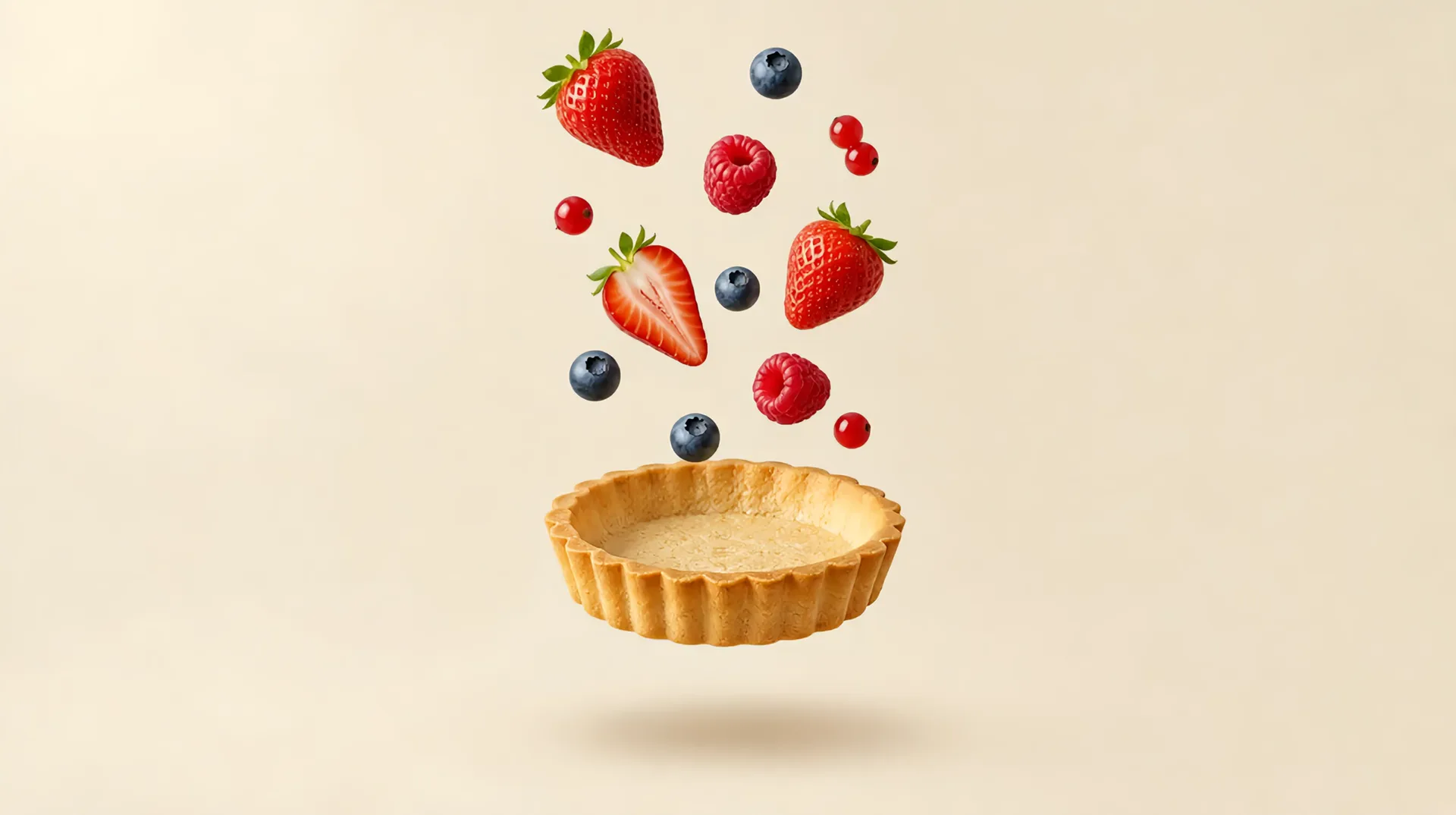 Una base de tarta sablée vacía flota mientras fresas, frambuesas y arándanos caen hacia ella